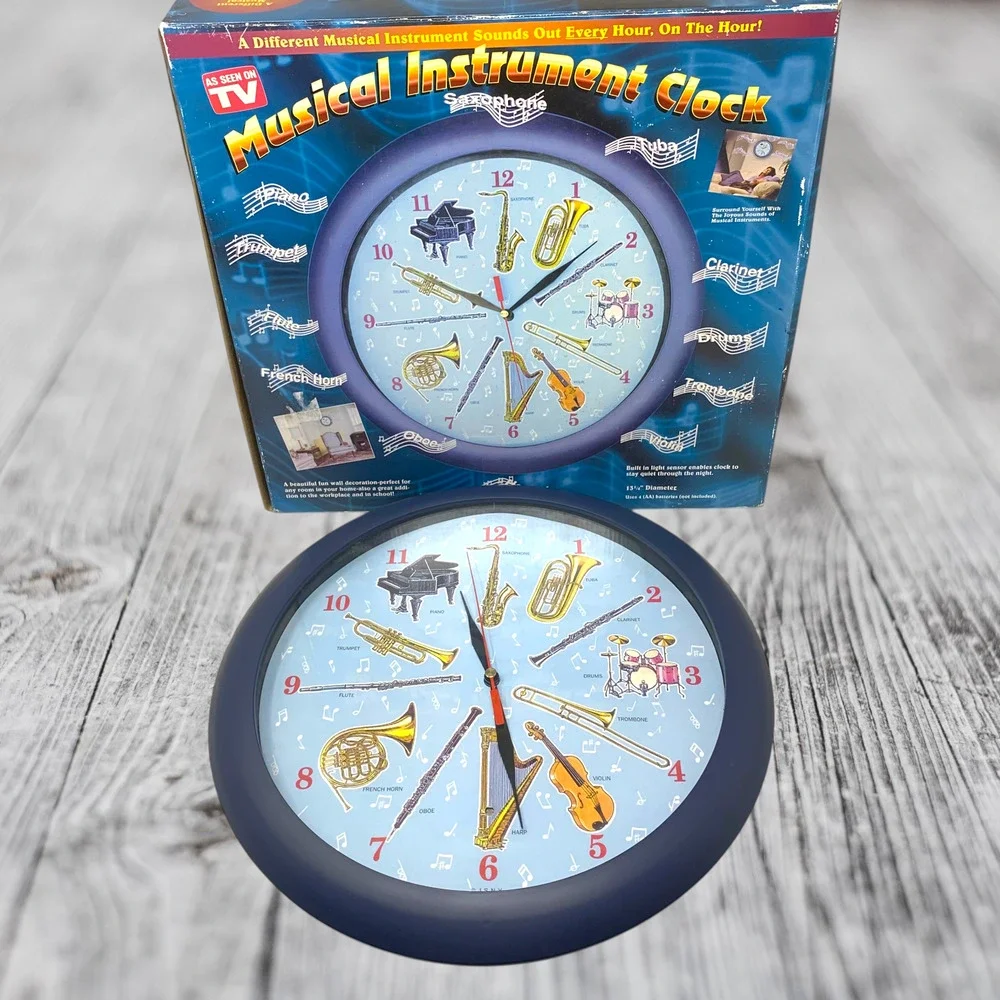 Vintage 1999 Musical Instrument Wall Clock As Seen On TV Tested Works w/ Box